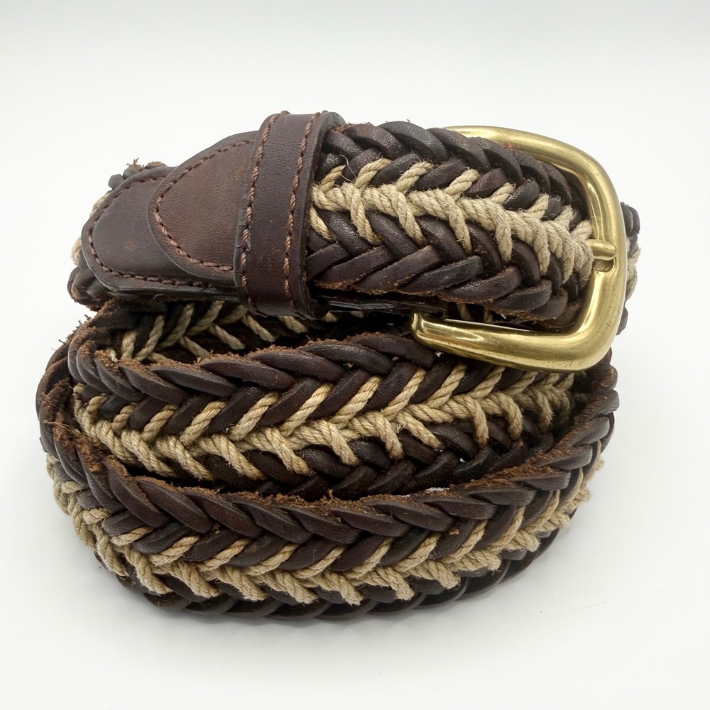 Brighton Mens 32 Braided Leather Rope Belt Brown Tan Woven Brass Buckle 91007